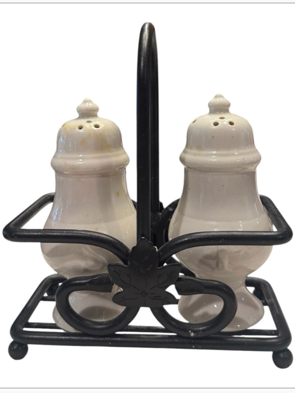 Longaberger Ceramic White Salt and Pepper Shaker Set with Black Caddy
